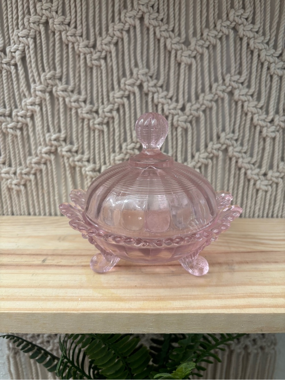 Mosser Glass covered footed candy dish in the passion pink color